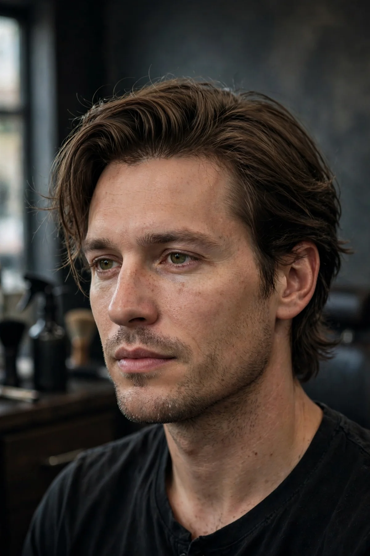 The relaxed pushback flow haircut — medium-length hair pushed straight back off the face with soft volume at the crown, barbershop photo.