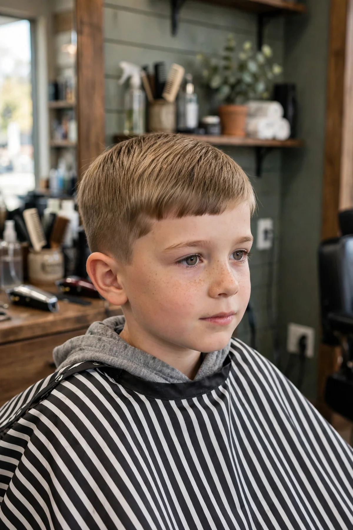 Boy with straight hair wearing a short caesar cut with a small horizontal fringe.