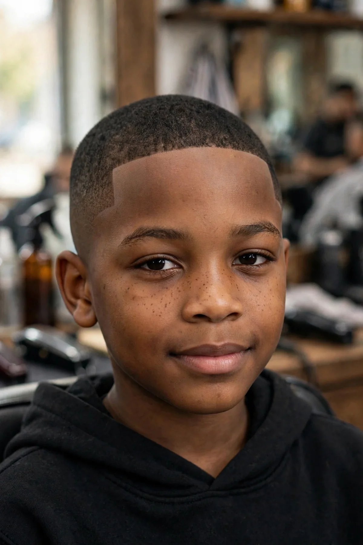 Young Black boy with a short even buzz cut and sharp lineup, an easy low-maintenance black boy haircut.