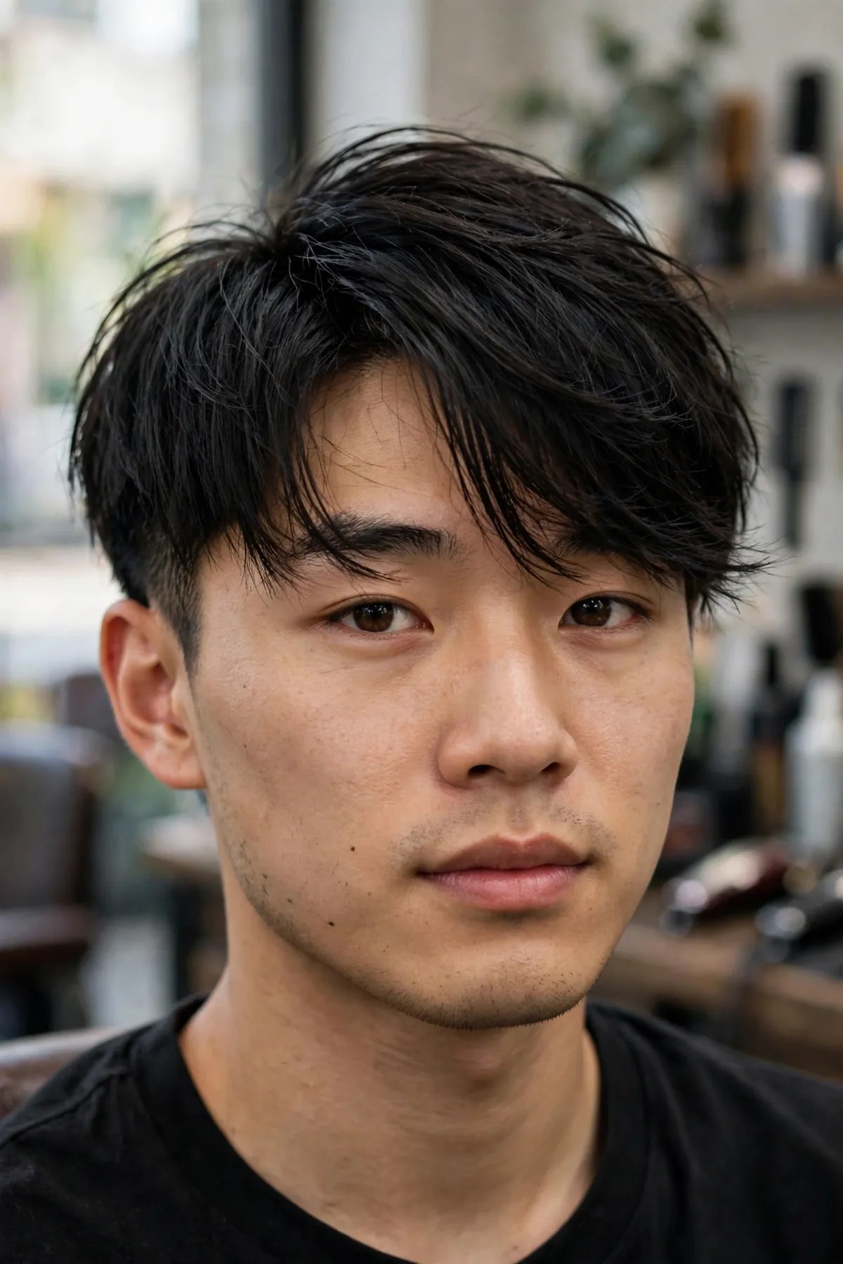 Side-swept messy fringe haircut on a man with textured fringe brushed diagonally across the forehead, stylish fringe hairstyle