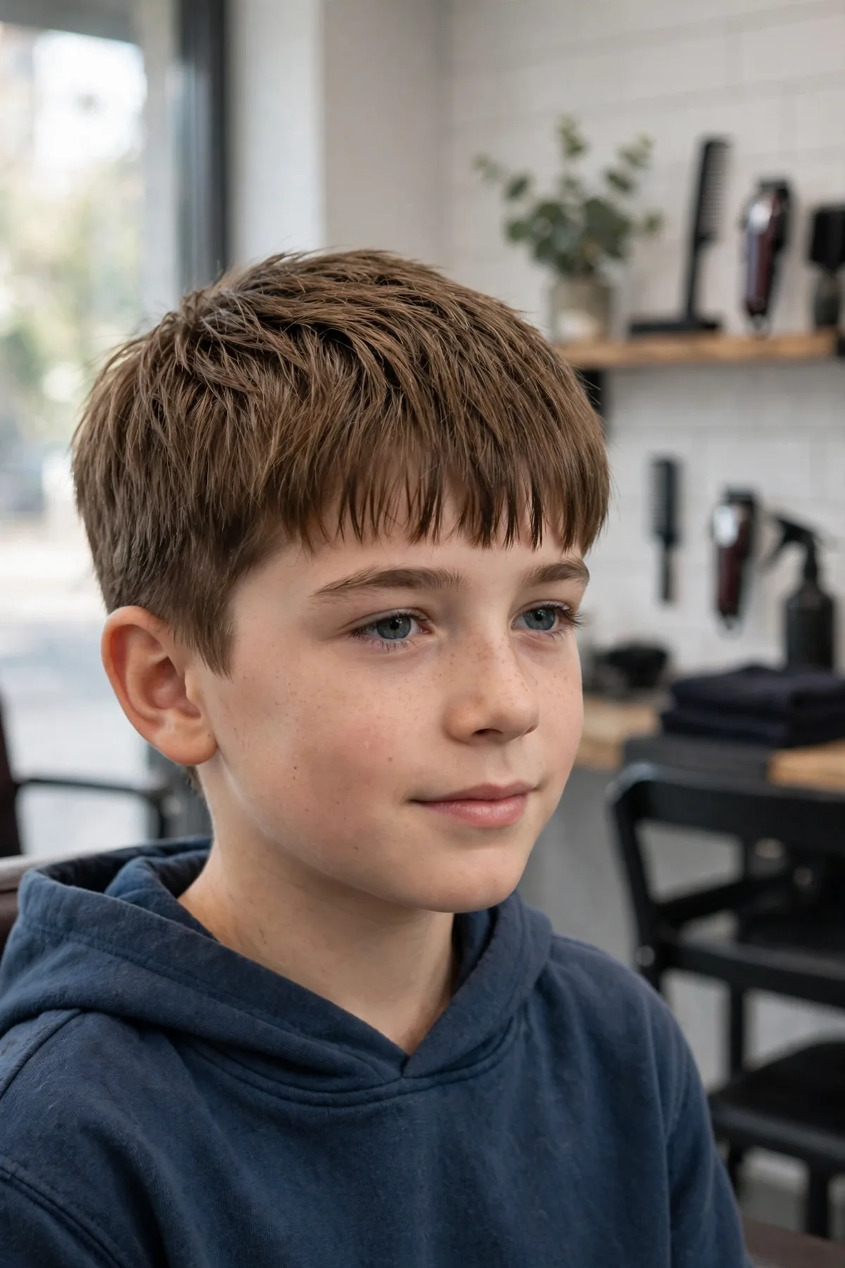 Boy with a textured Caesar haircut — short textured fringe and clean sides, a stylish short boys haircut