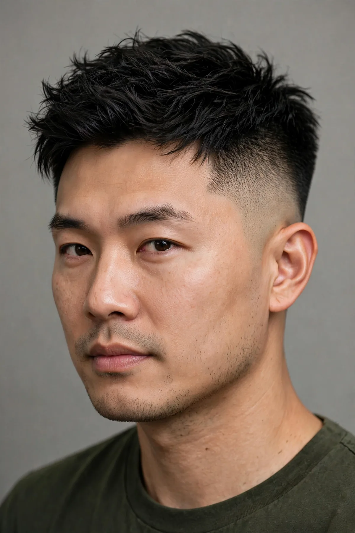 Bald drop fade haircut — the skin fade curves down behind the ear in a smooth arc, paired with a styled top