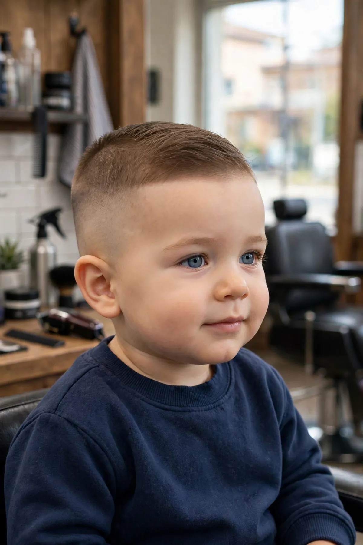 Toddler boy with a high-and-tight haircut, very short sides and neat top — easy toddler boy haircut