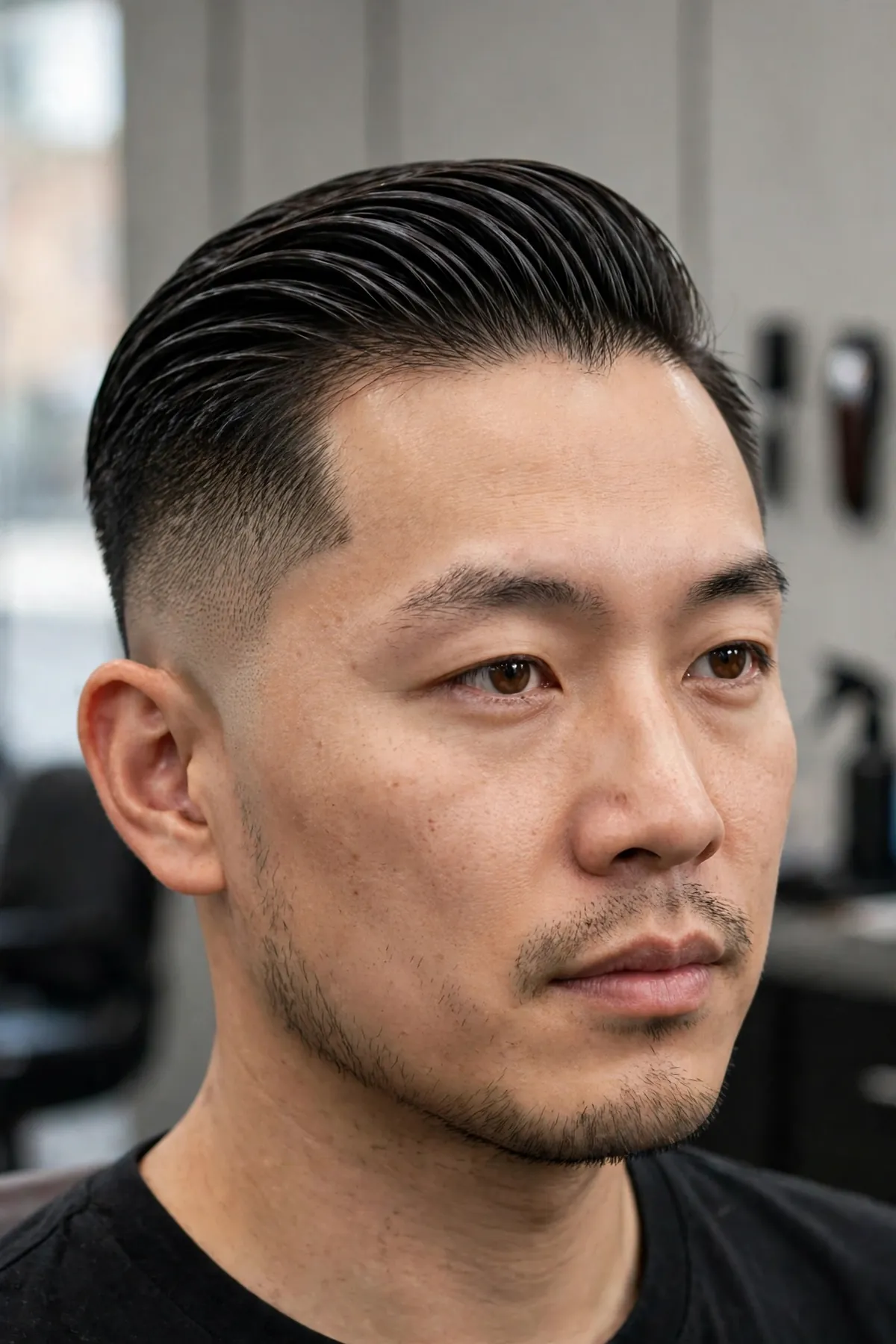 Man with a high taper slick back — hair slicked straight back with a clean shine over high tapered sides.