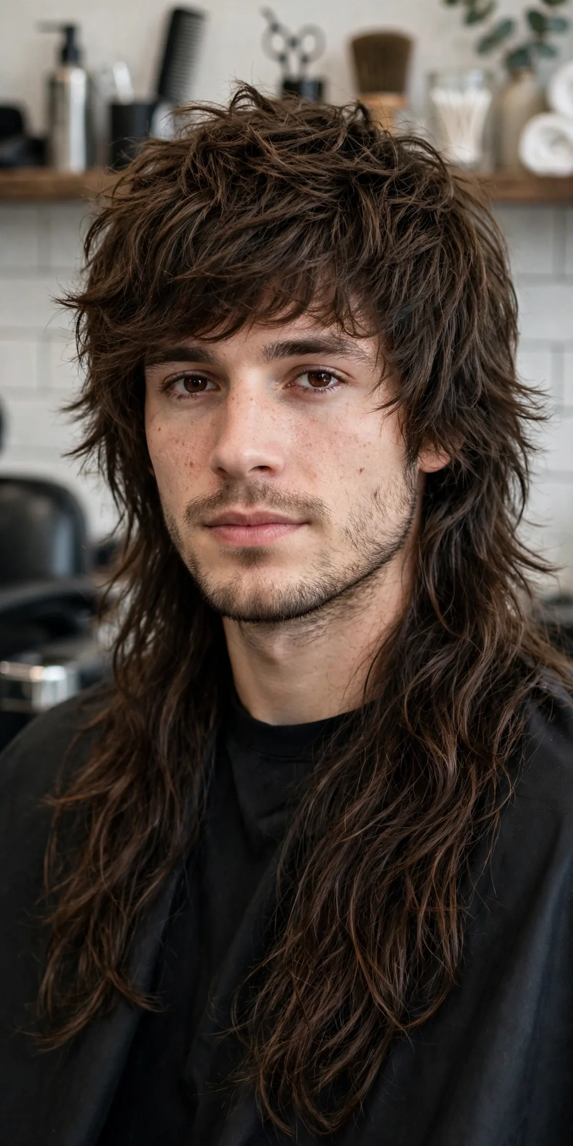 Long wolf cut haircut for men with dramatic layered length flowing past the shoulders