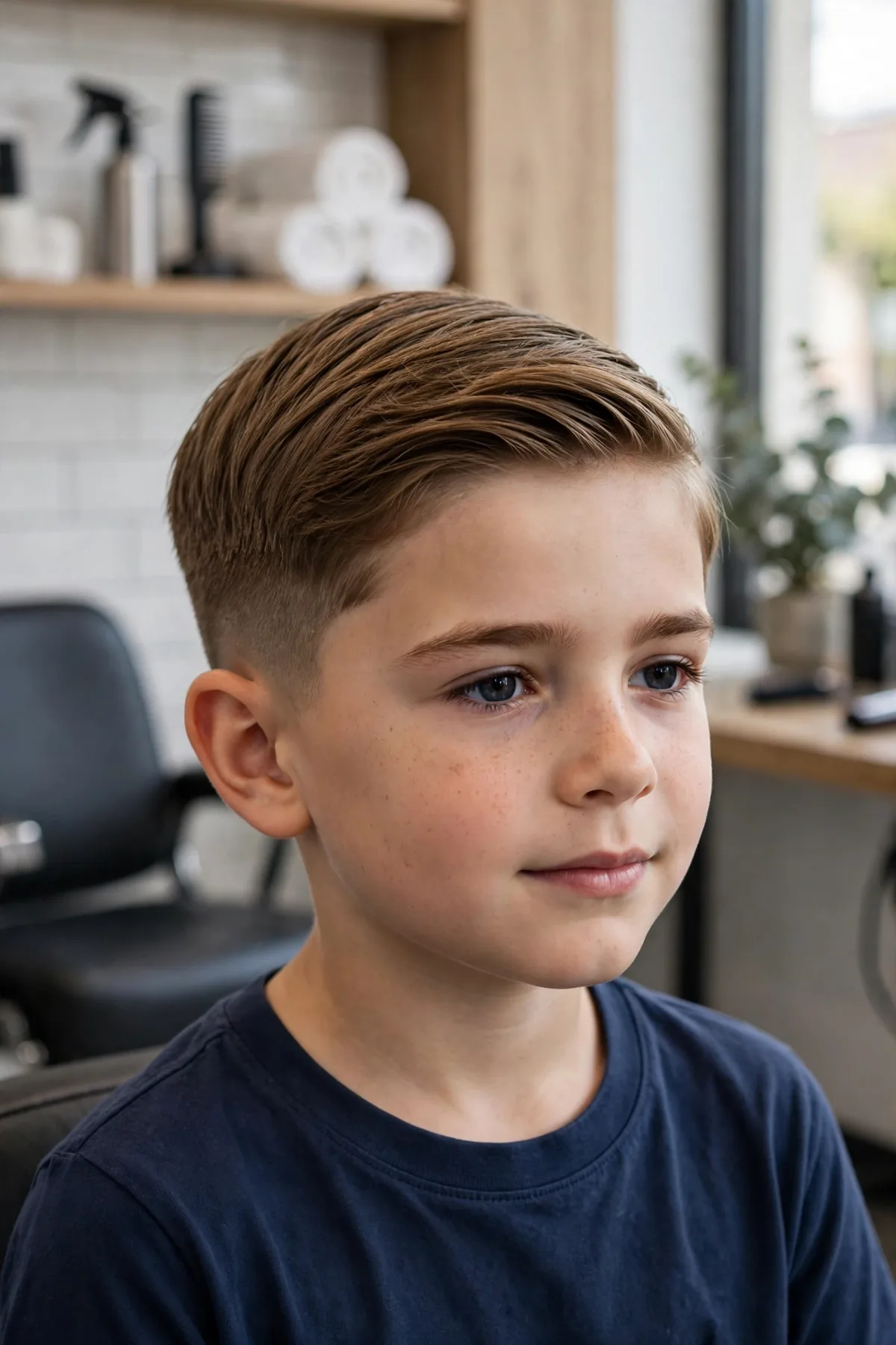 Boy with a neat side part haircut — combed short hair with a clean part line, a classic short boys hairstyle