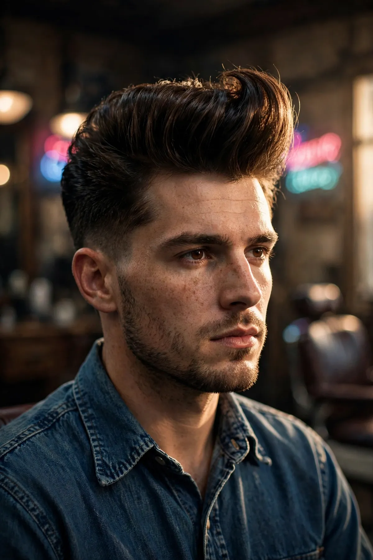 Rockabilly pompadour haircut with tall sculpted front quiff and slicked sides — vintage greaser-inspired men's hairstyle