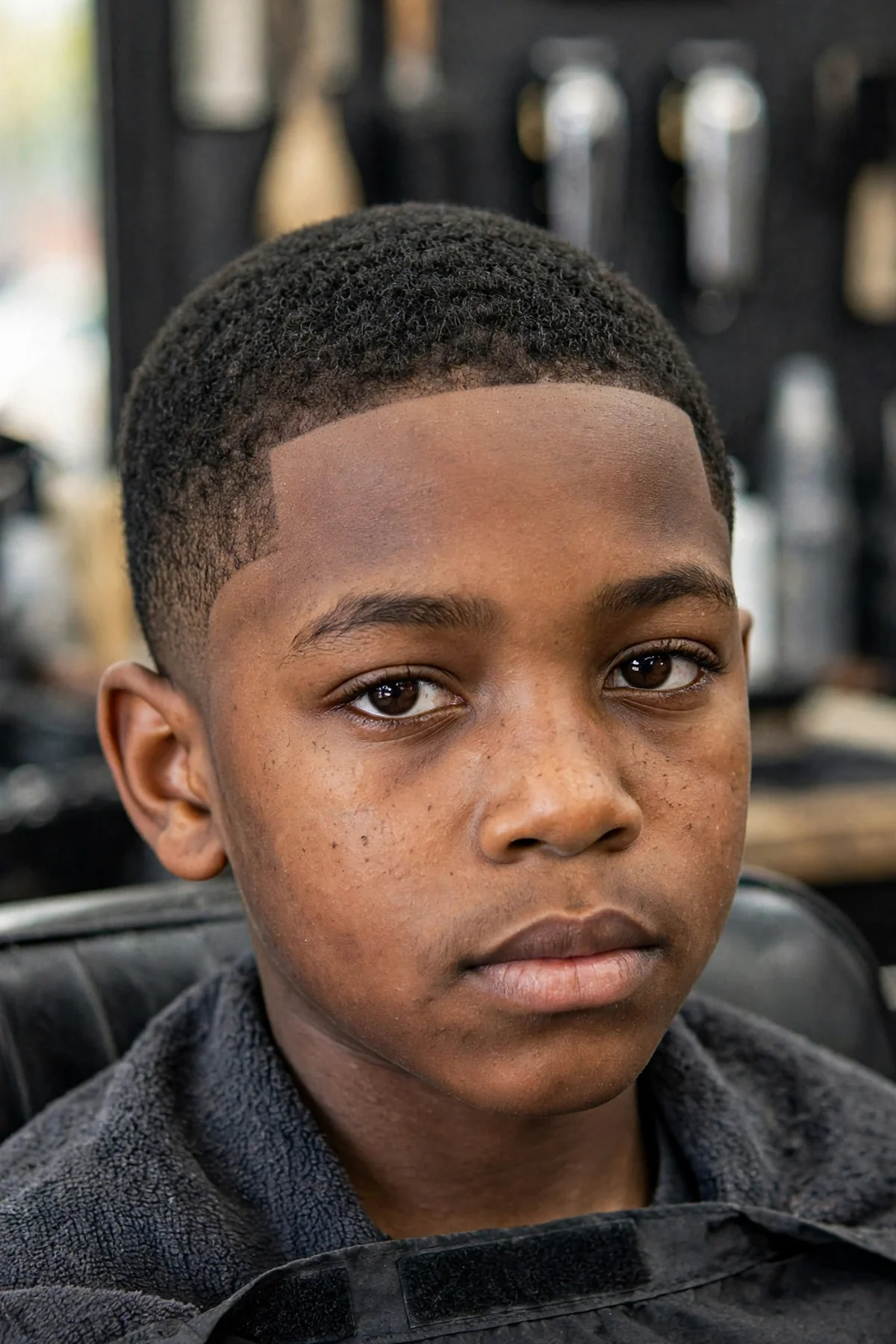 Close-up of a young Black boy with a crisp shape-up lineup and short natural hair, a clean black boy haircut detail.