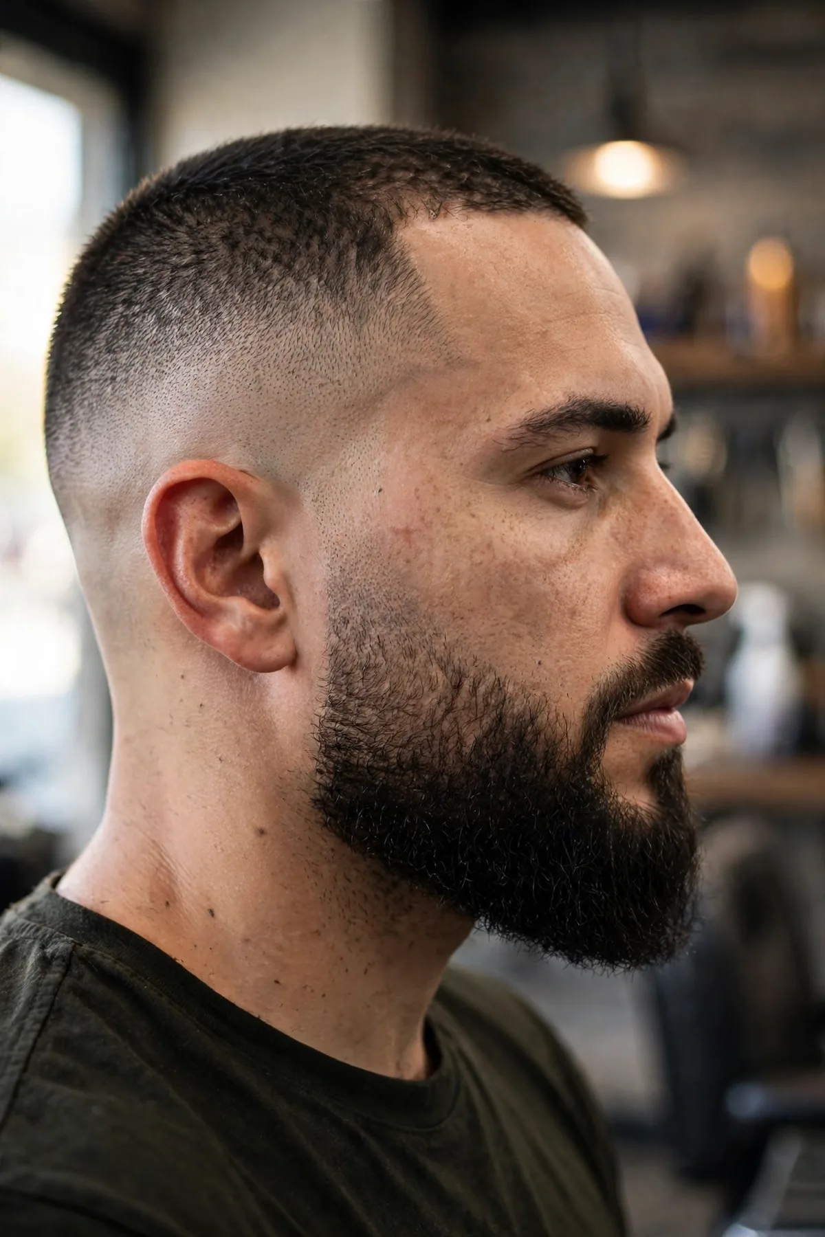Skin fade beard blend transitioning from bald skin at the sideburn into a thick beard