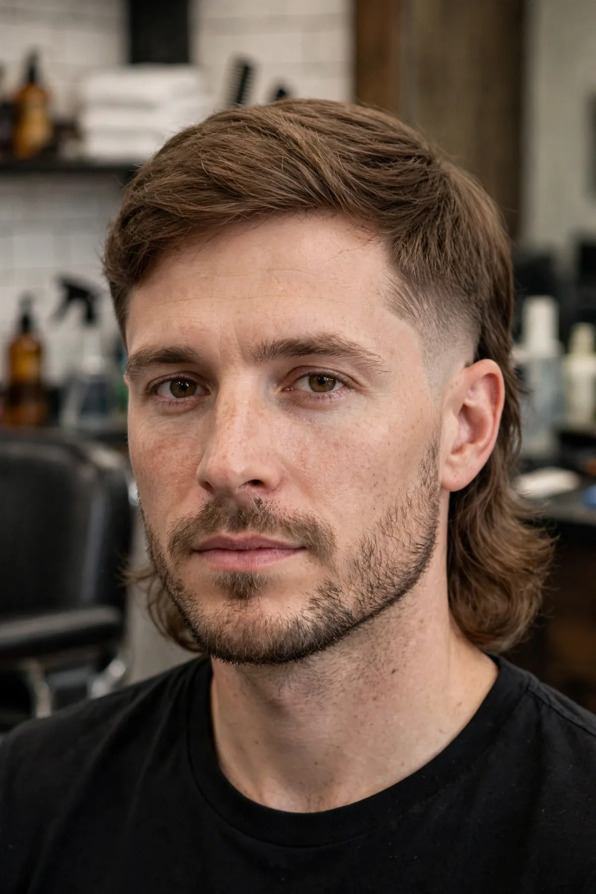 Soft-blend fade mullet haircut — gentle gradual taper with smooth transitions and a natural flowing back. A subtle mullet with fade.