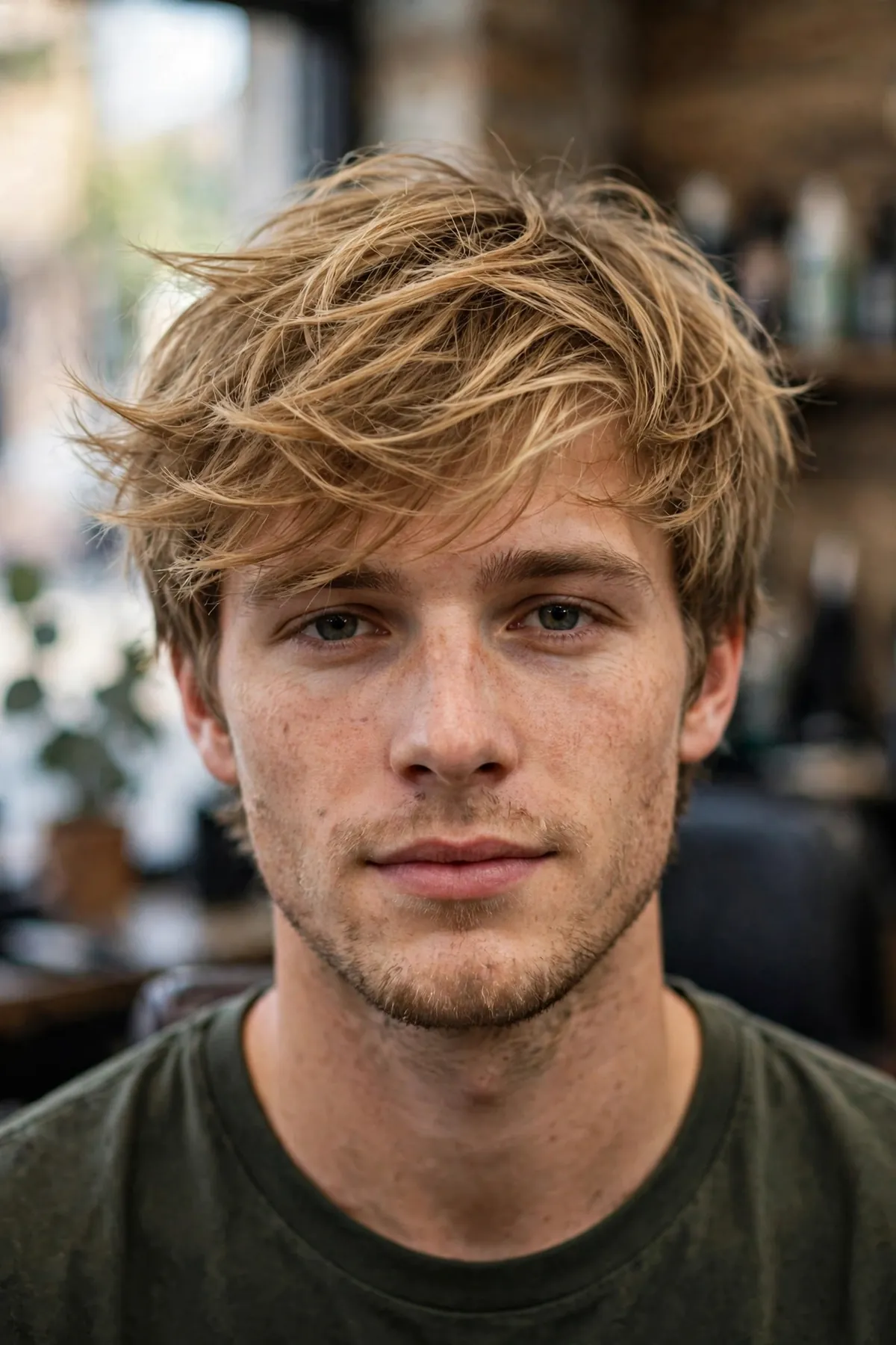 Windblown messy fringe haircut on a man with tousled wavy textured fringe, effortless undone fringe hairstyle