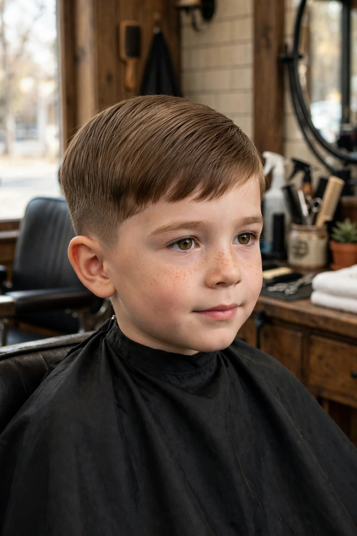 Young boy with straight hair in a classic scissors cut with a soft natural finish.