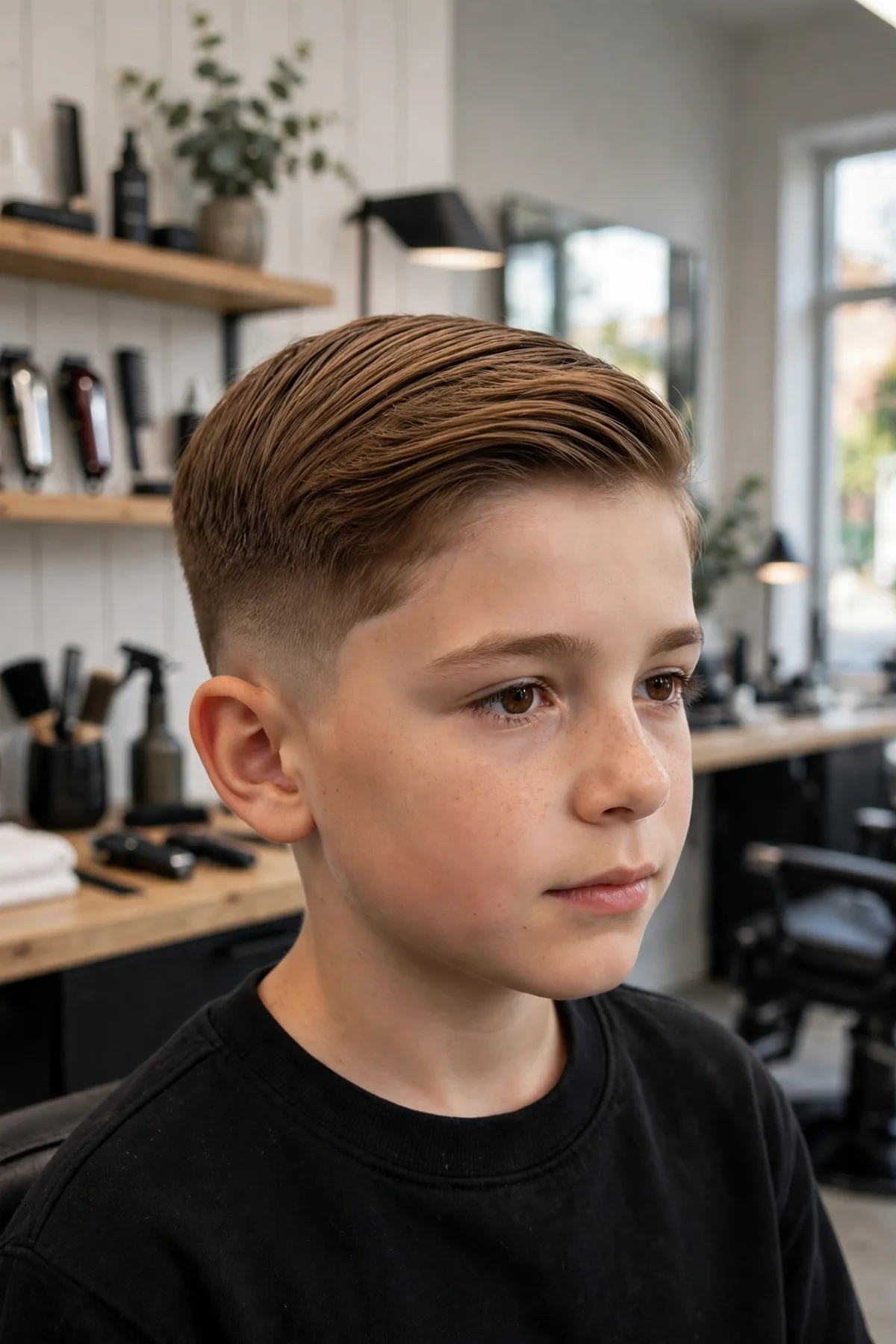 Boy with a comb over haircut and tapered sides — a polished short boys haircut with volume on top