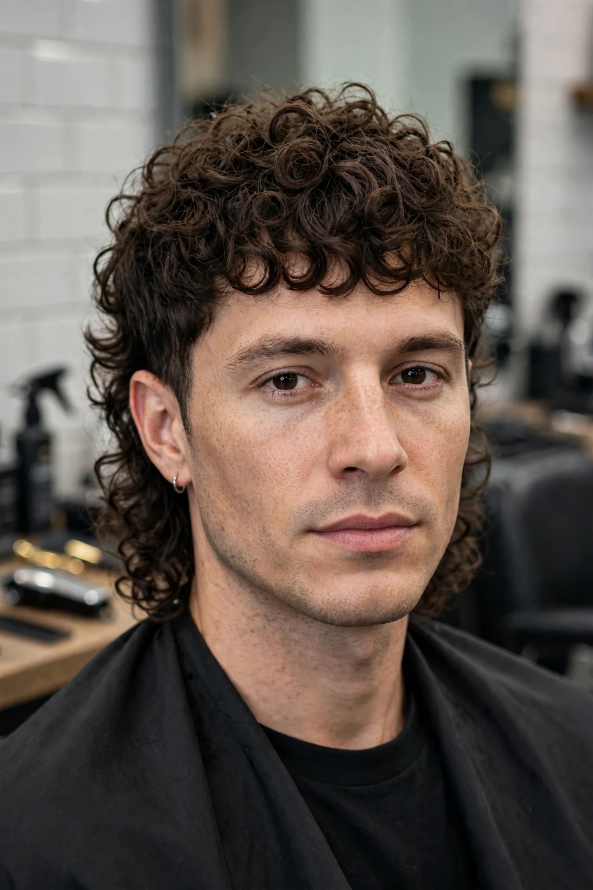 Curly wolf cut haircut for men with defined spiral layers and rounded volume on top