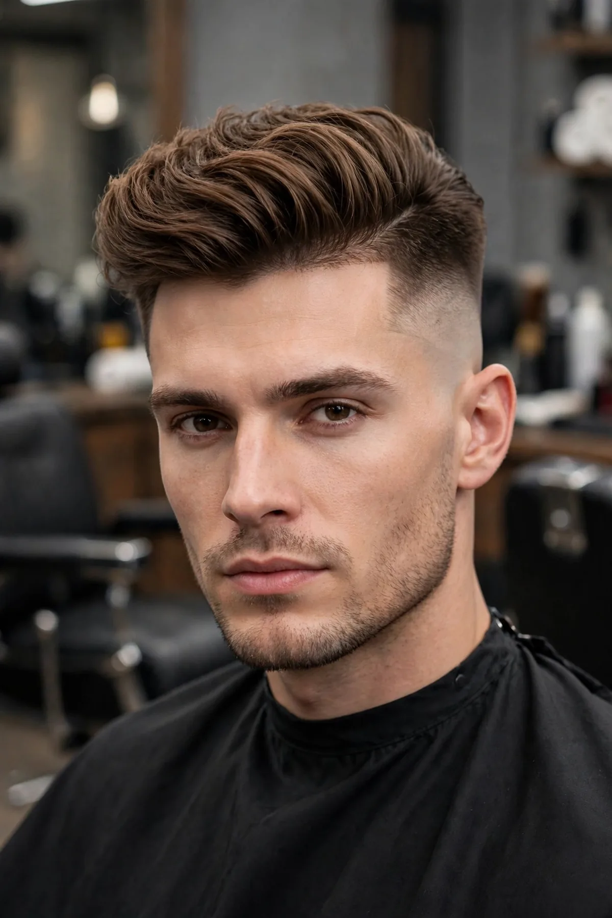 Man with a high fade comb over haircut, dramatic high fade and voluminous swept top, barbershop portrait