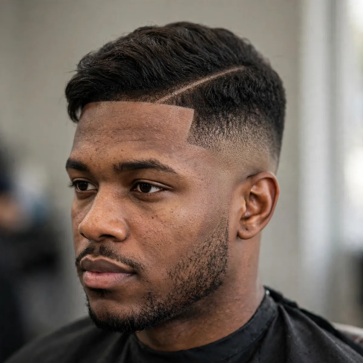 Man with a high taper and hard part — razor-sharp part line, swept top, crisp high taper fade sides.