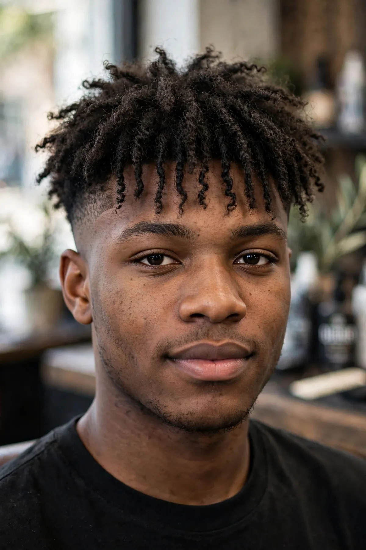 Messy fringe haircut with a low fade on a man, textured choppy bangs with blended low taper fade sides