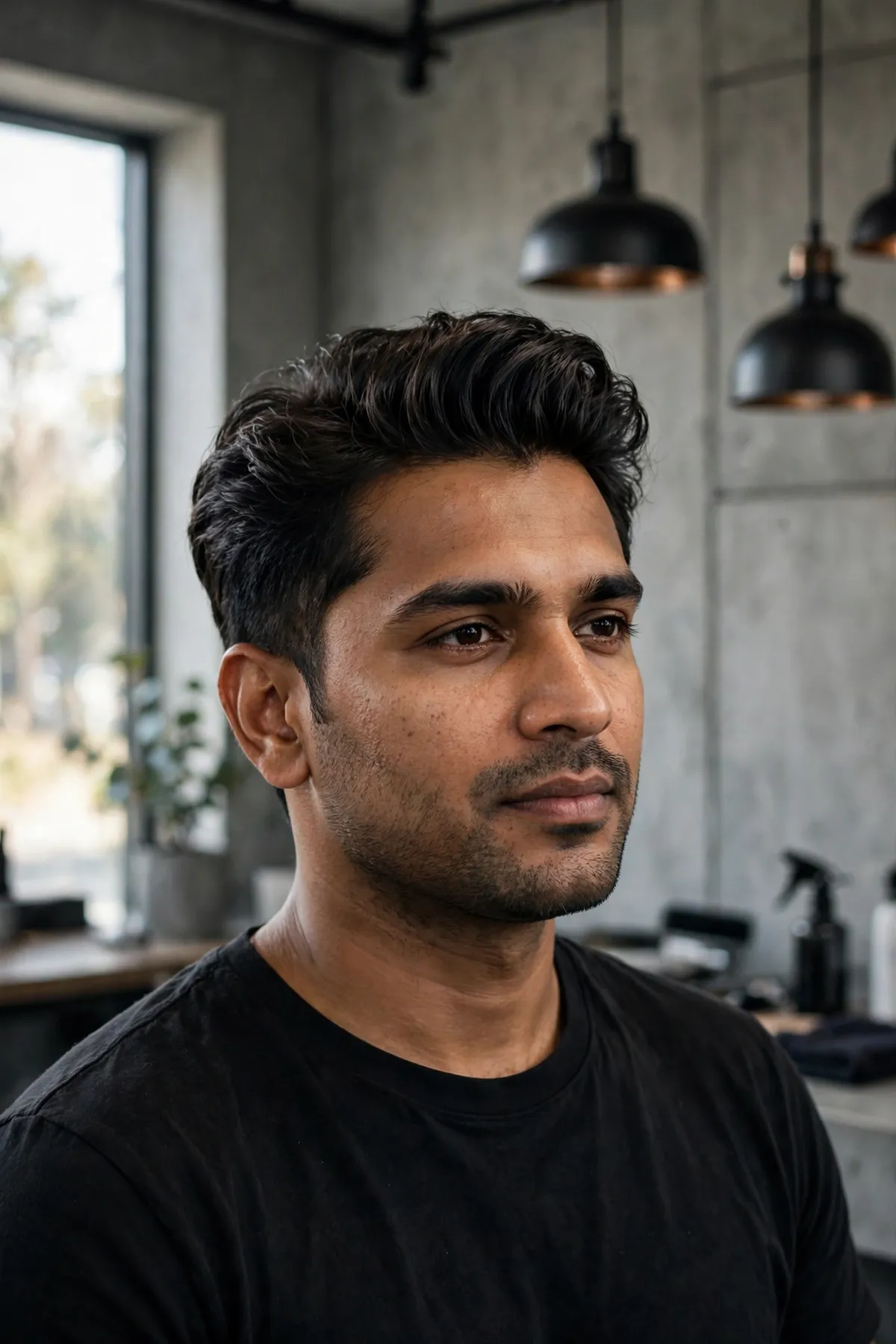 Modern pompadour hairstyle for men — textured voluminous top with natural movement and faded sides, contemporary men's haircut