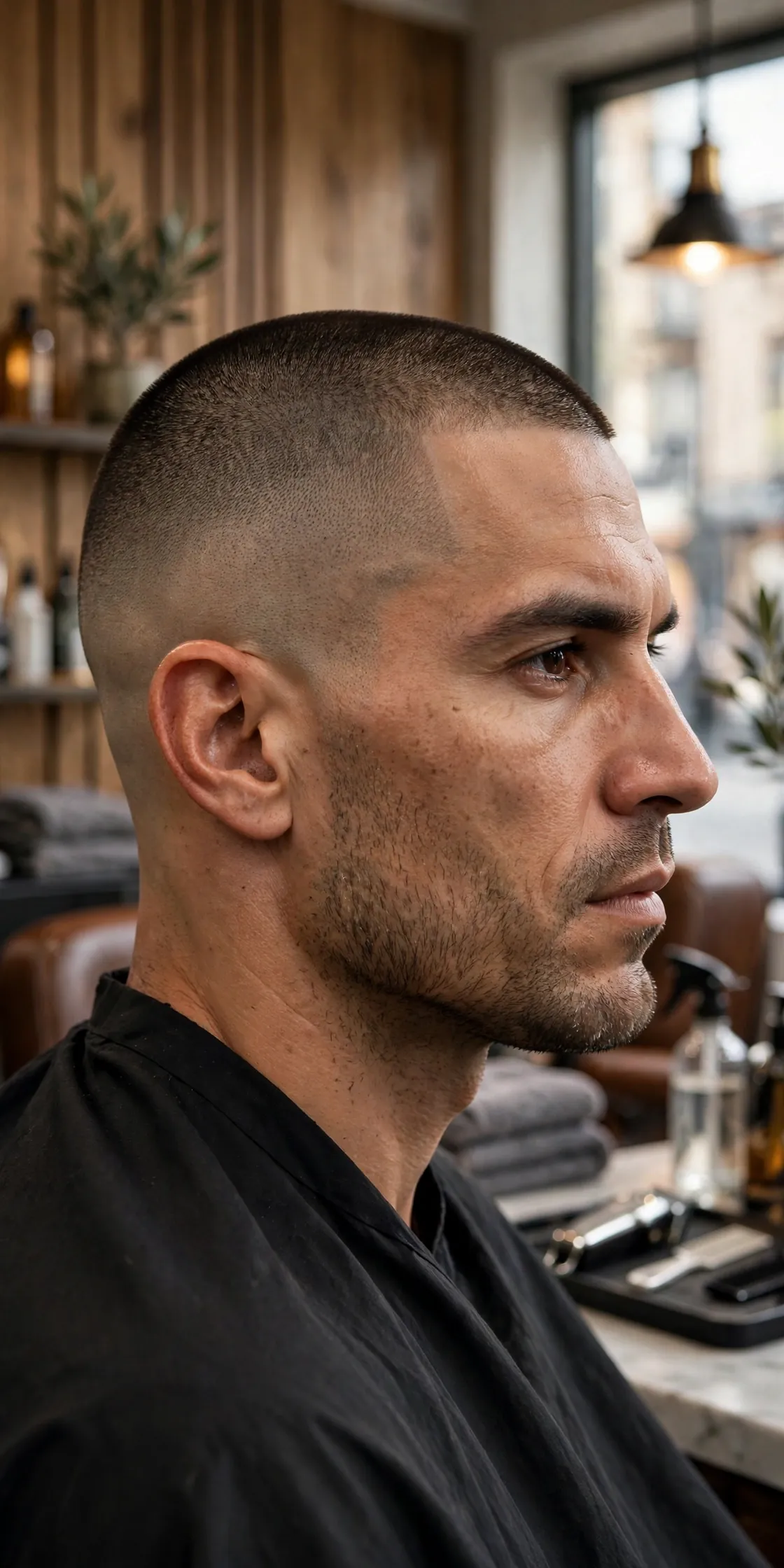 Skin fade buzz cut for men — ultra short buzzed top with clean skin fade sides