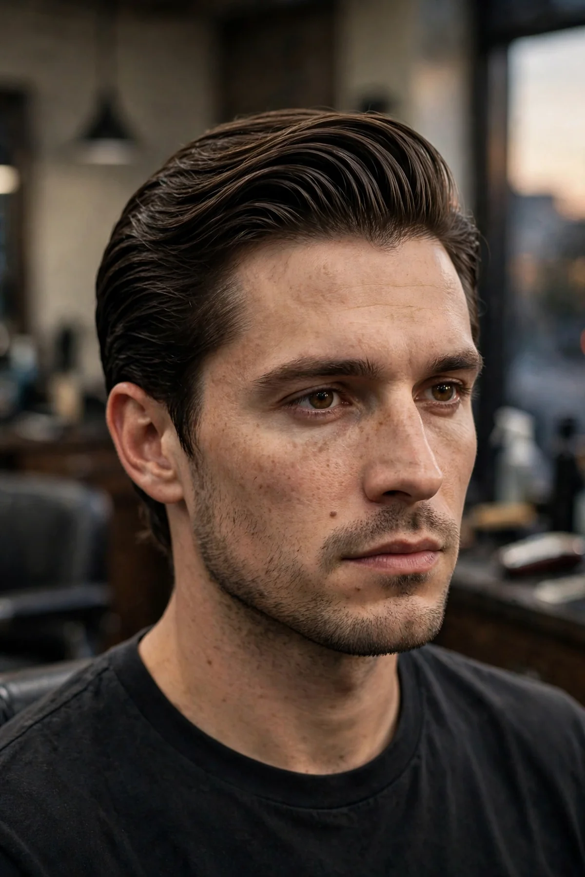 The slick bro flow haircut — medium-length hair combed back smoothly with light shine and neat flow around the ears, barbershop photo.