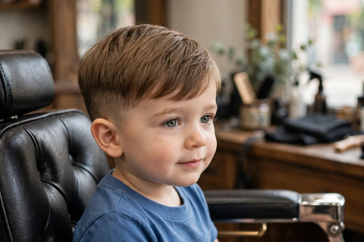 Toddler boy with a soft crew cut, short tapered sides and neat top — classic low maintenance toddler haircut