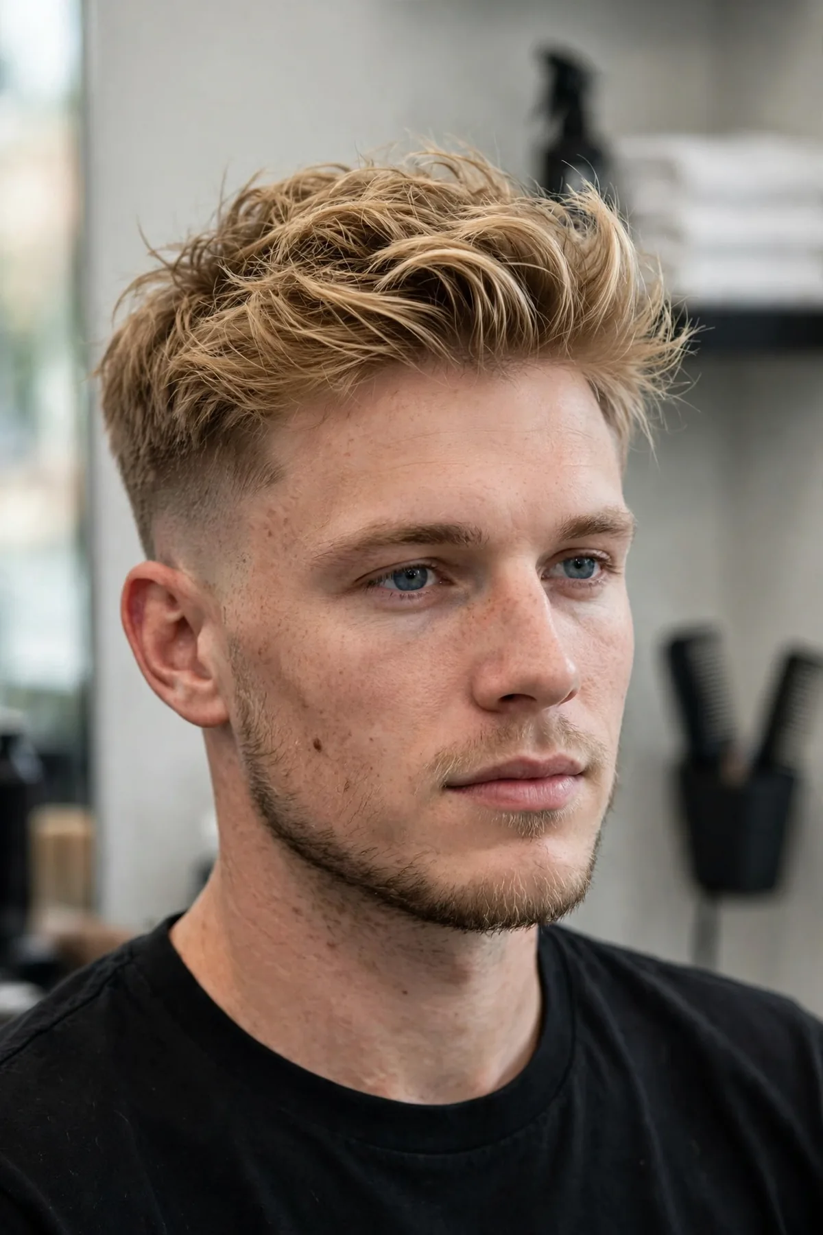 Textured blowout haircut for men with tousled piecey volume and matte finish