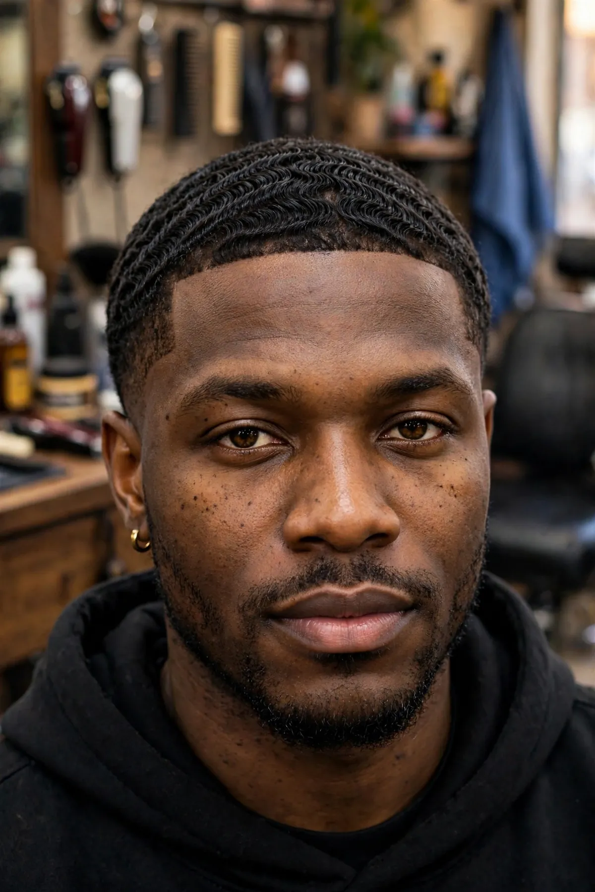 Close-up of 360 waves haircut for Black men with a ripple pattern and temple fade
