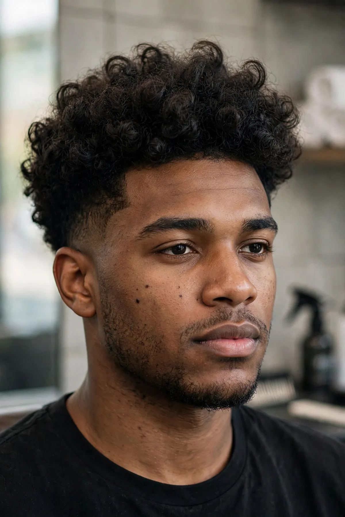 Curly blowout haircut for men with defined lifted curls and faded sides