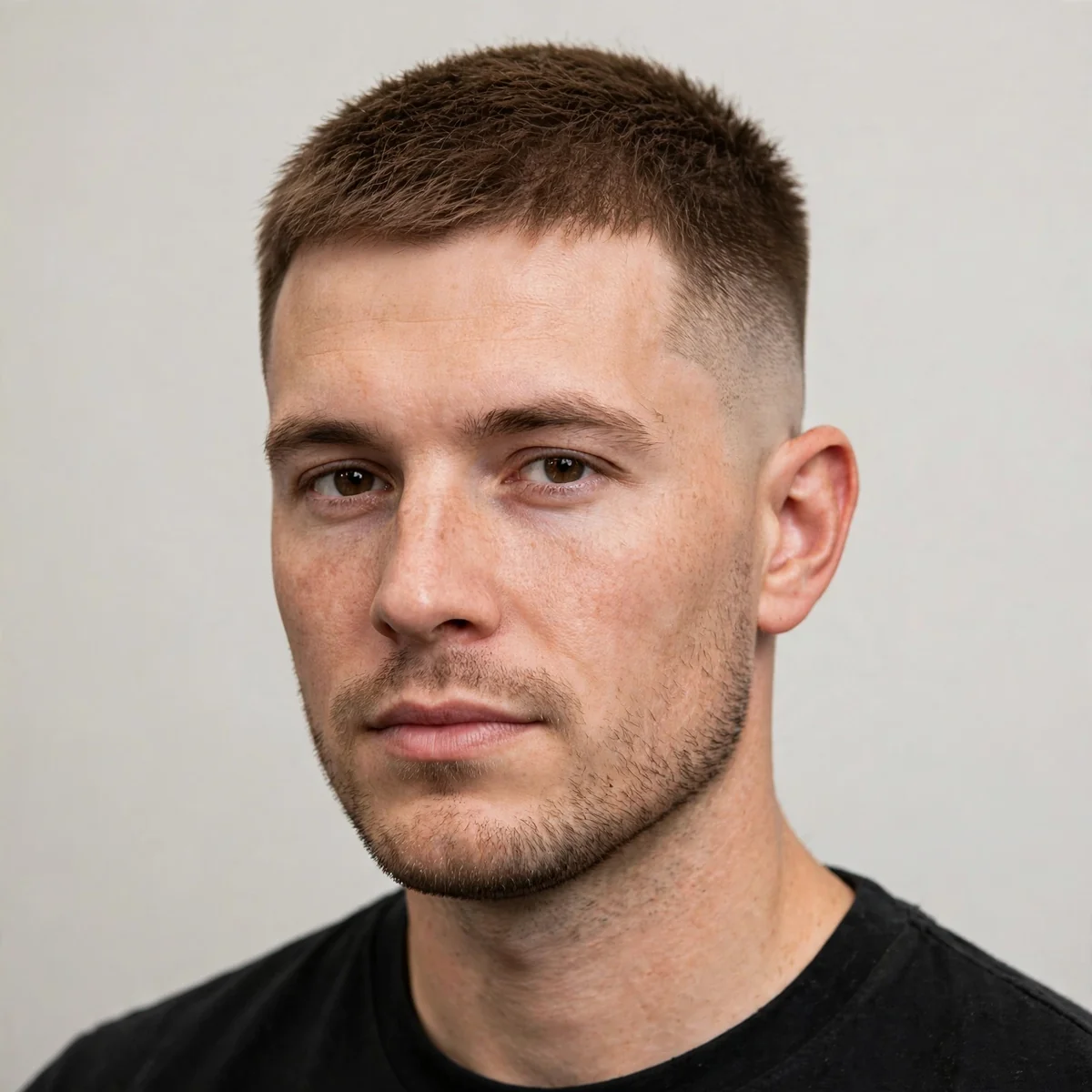 Low fade crew cut haircut for men — #4 upright top with a subtle low fade starting above the ear