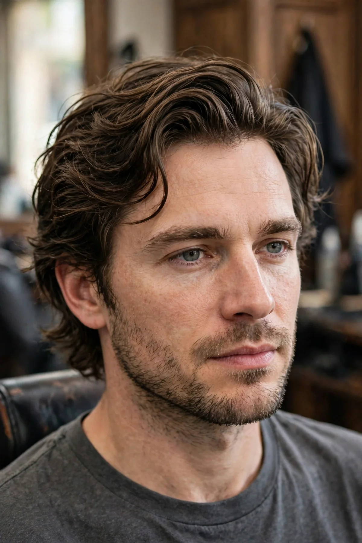 The low-maintenance bro flow haircut with soft natural layers and effortless texture on a man in a barbershop.