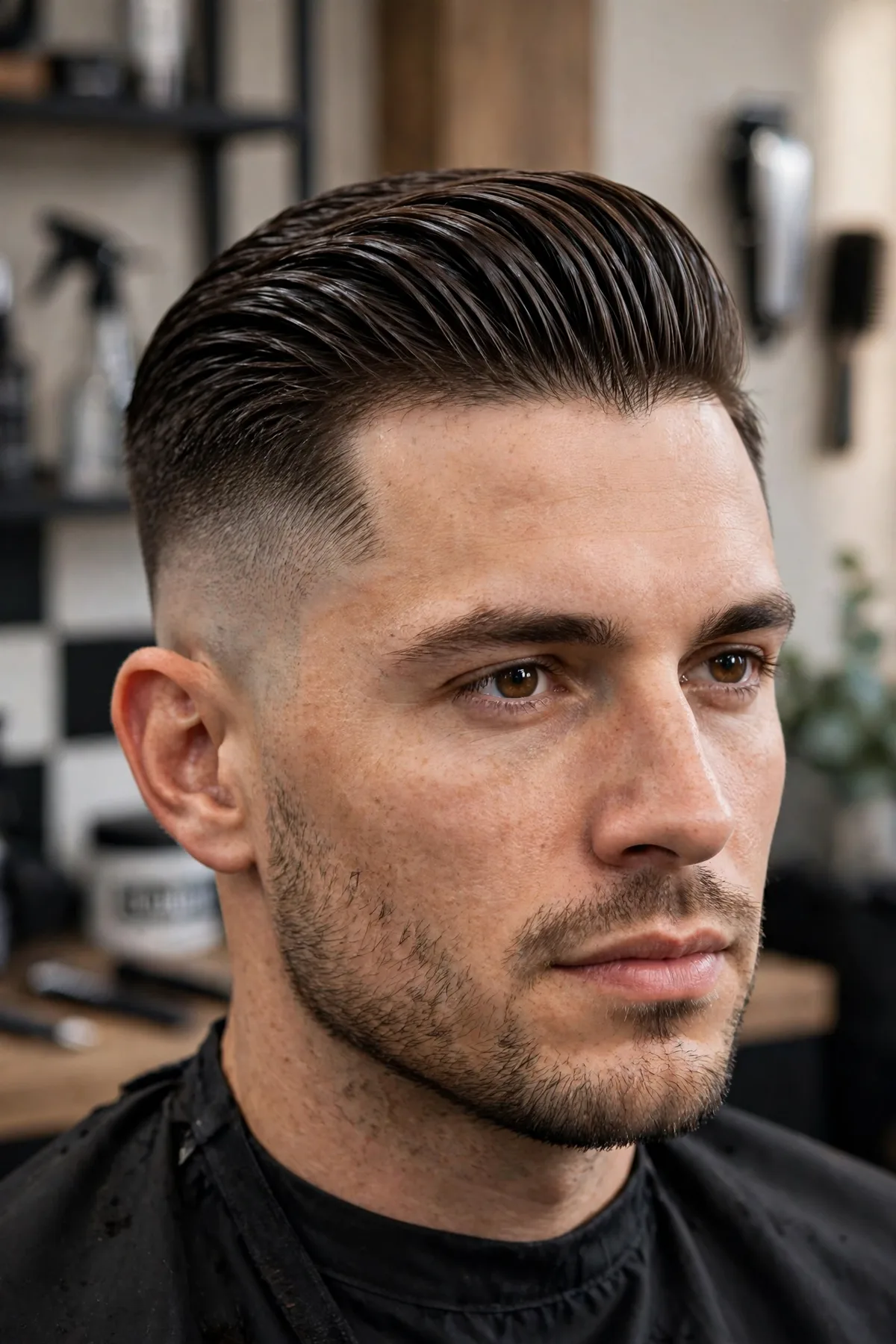 Mid fade slick back haircut with a sharp mid-level fade and voluminous combed-back hair on top. A bold modern men's slick back style with clean contrast.