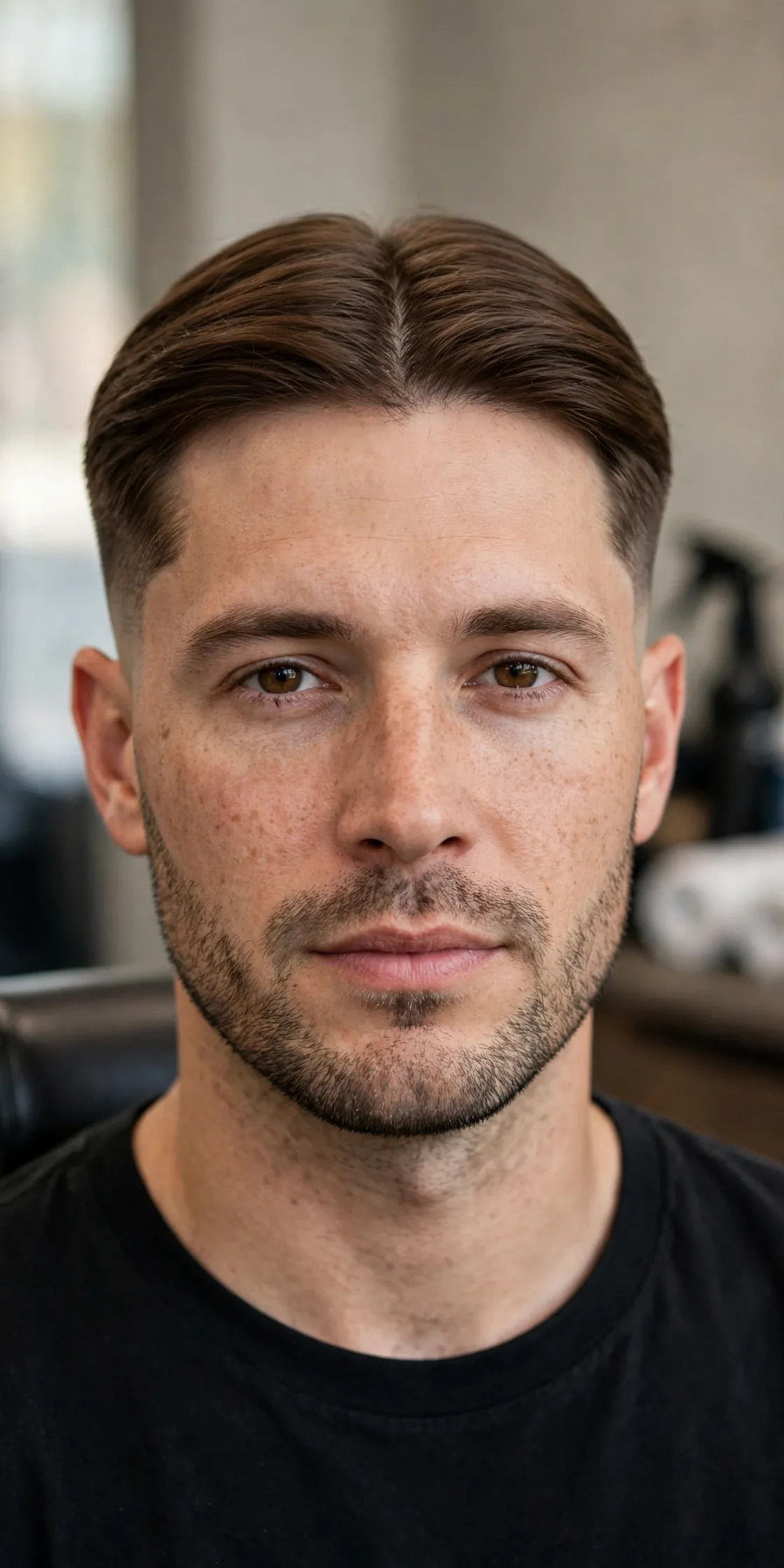 Middle part haircut for men with neatly tapered sides and natural length on top