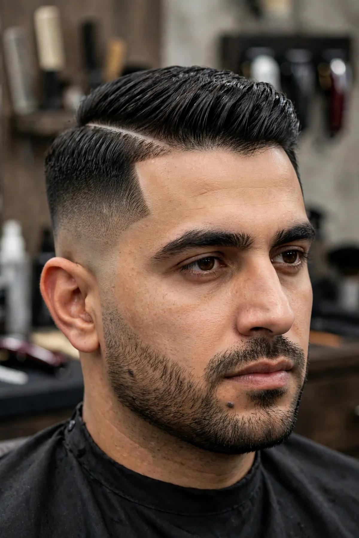 Man with a skin fade comb over haircut, bald fade sides and sharp swept top, barbershop photography