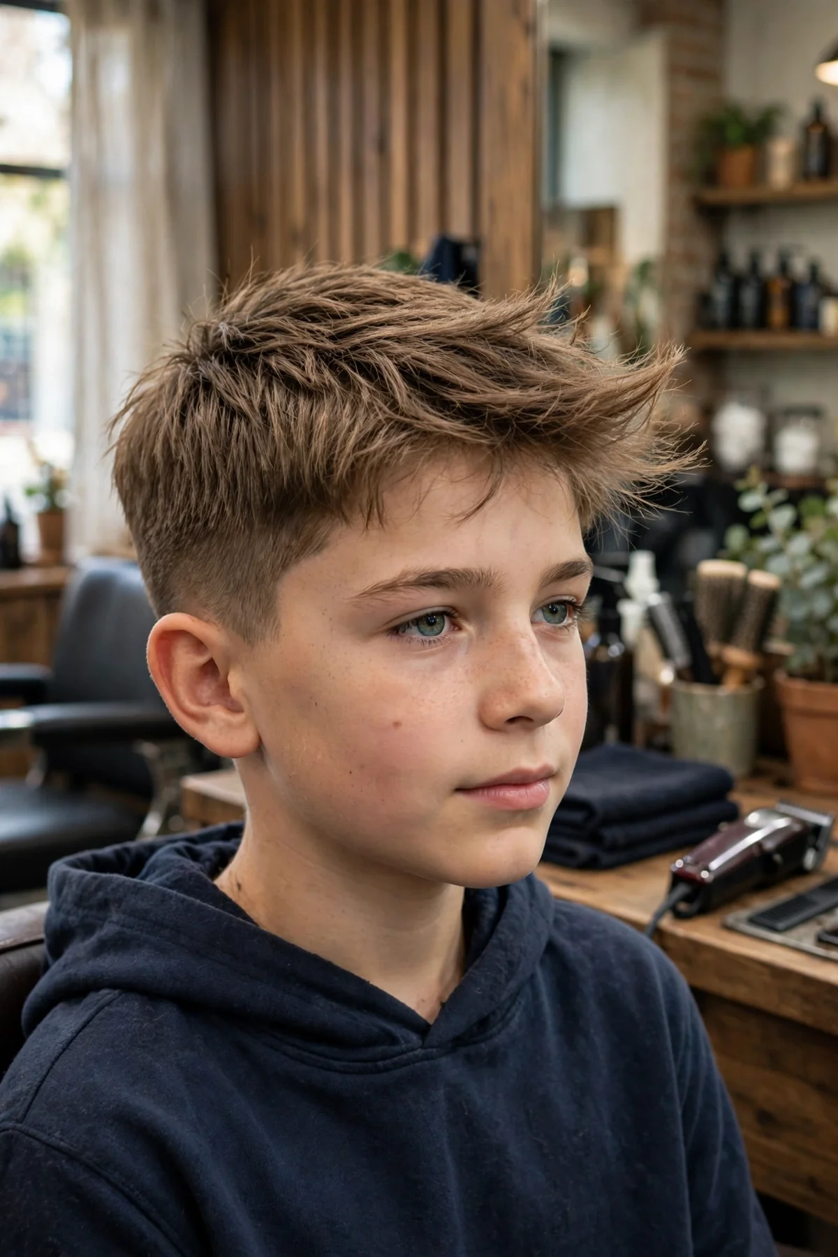 Boy with thick straight hair in a textured crop with choppy layers and short sides.