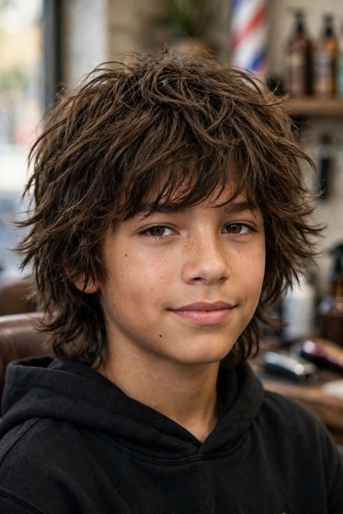 Textured long shag boys haircut with choppy layers and effortless volume for thick long hair