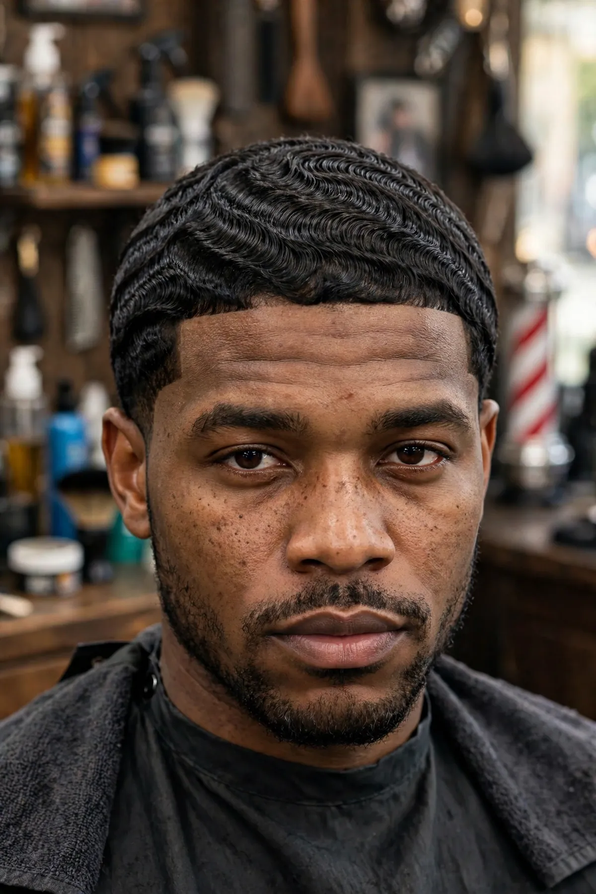 720 waves black men haircut with circular ripple pattern on a Black man