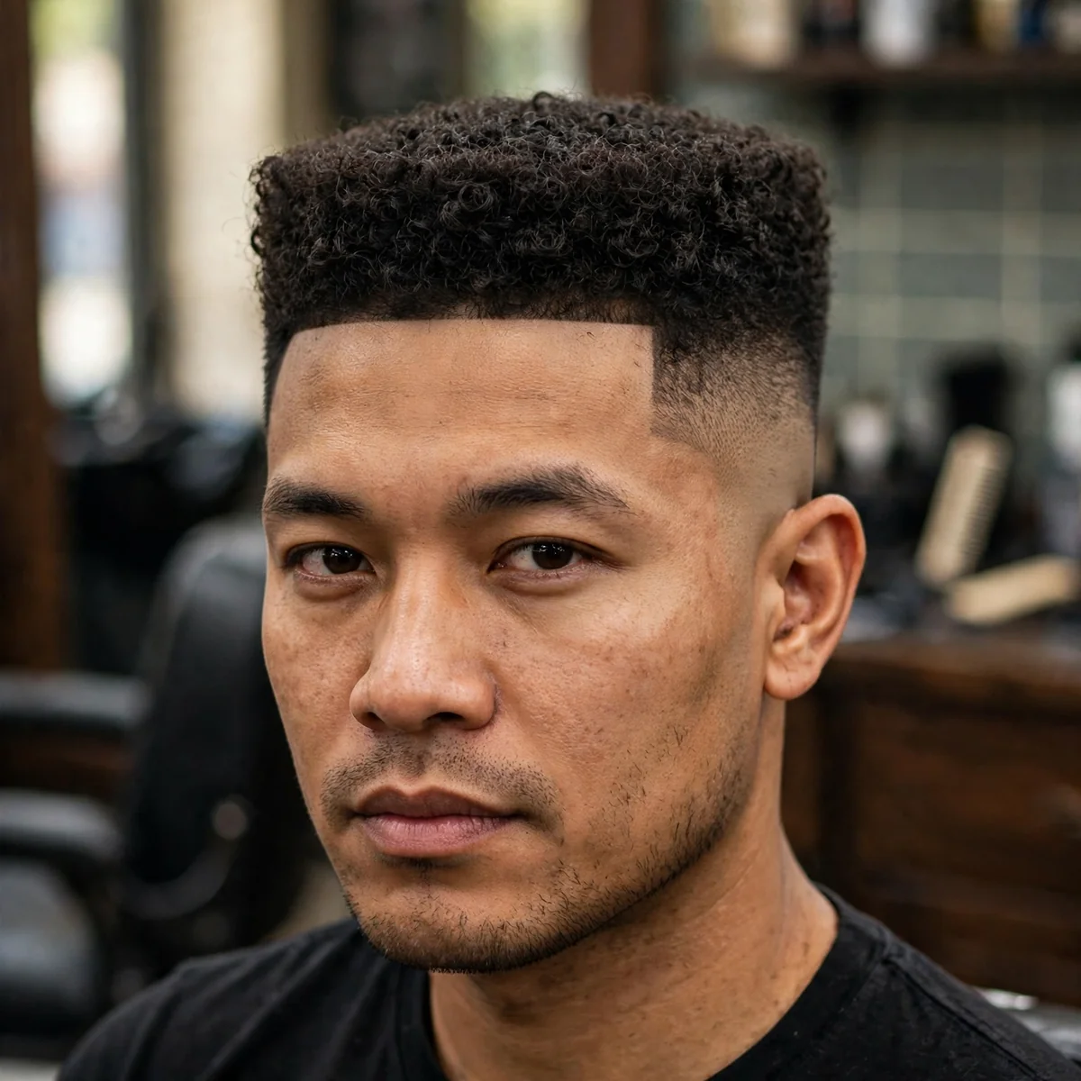 Curly flat top haircut with natural coils shaped into a boxy silhouette, a bold men's haircut