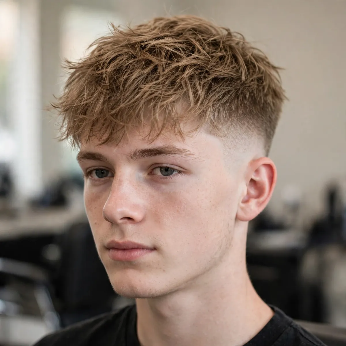Young man with a messy French crop and high taper — tousled fringe with clean high taper sides.
