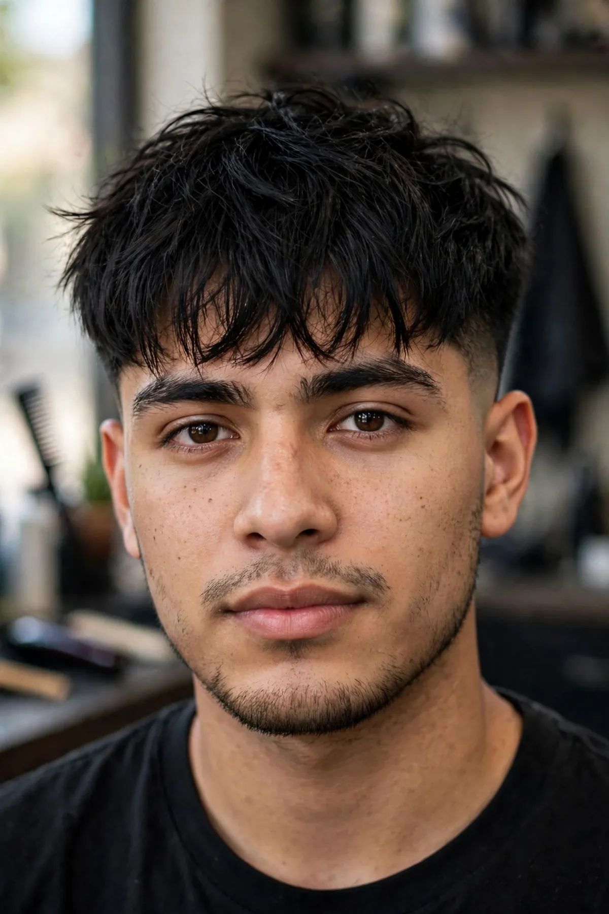 Messy fringe haircut with a high fade on a young man, bold contrast between textured bangs and high skin fade sides