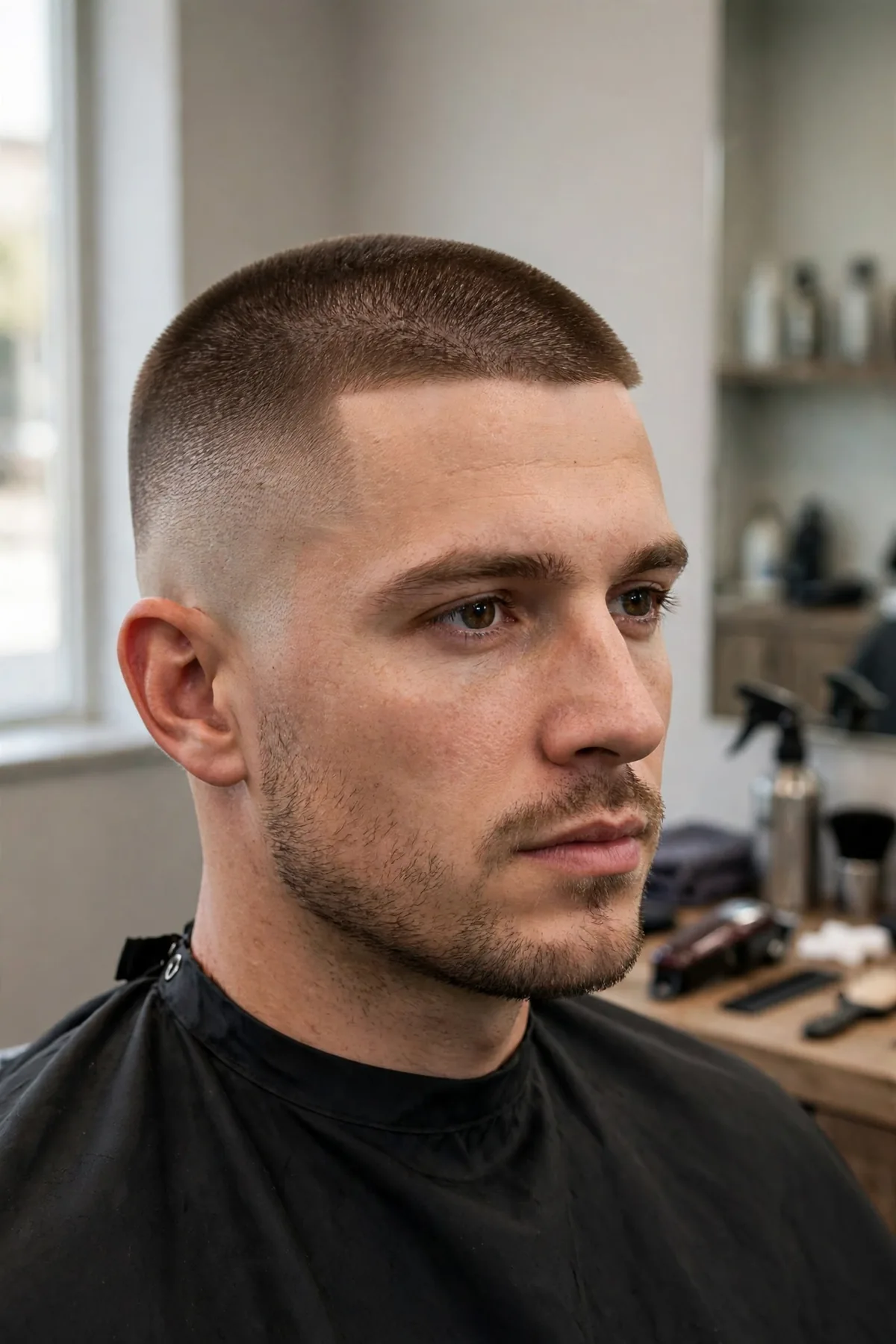 Buzz haircut with mid fade — number 2 top with a clean mid fade on the sides