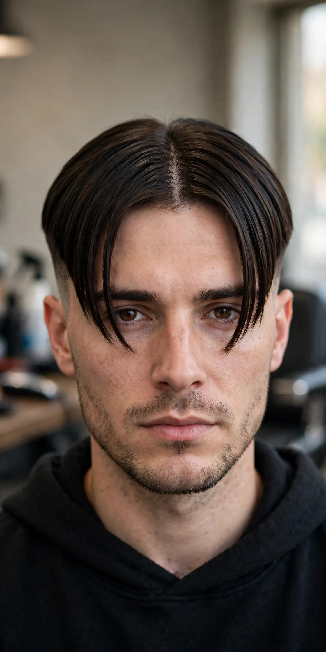 Middle part undercut haircut for men with bold contrast between long top and short sides