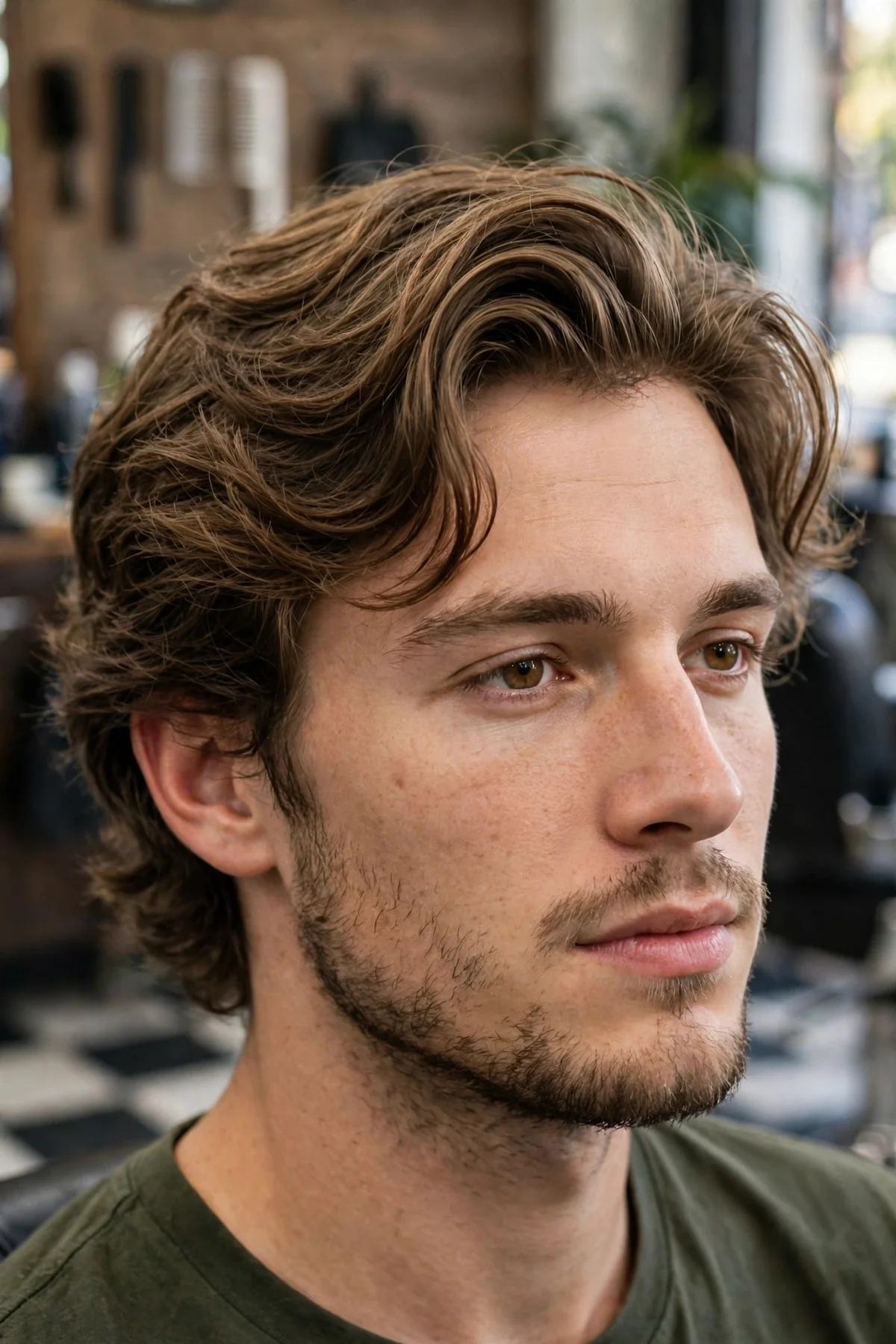 The wavy bro flow haircut with defined natural waves flowing back on a man, showing texture and movement, barbershop photo.