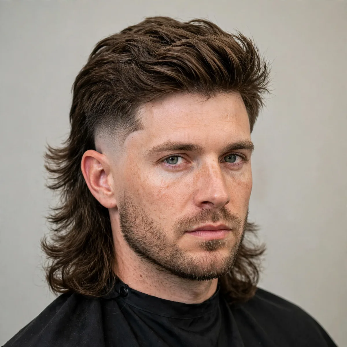 Burst fade mullet haircut — rounded burst fade arcing around the ear with a full long back and layered top.