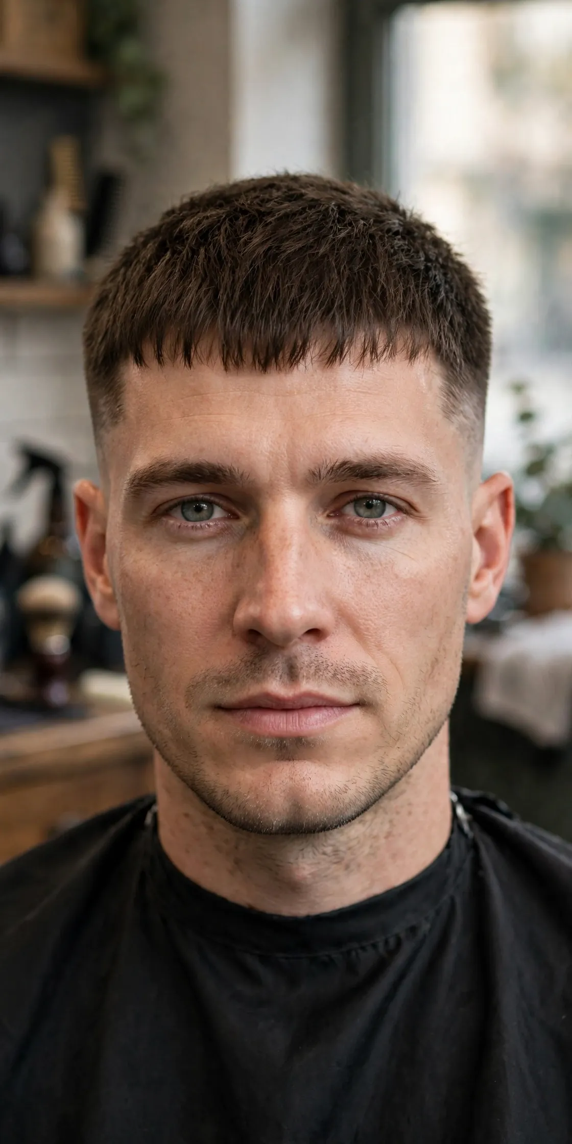 French crop haircut for men — textured top with straight fringe and faded sides