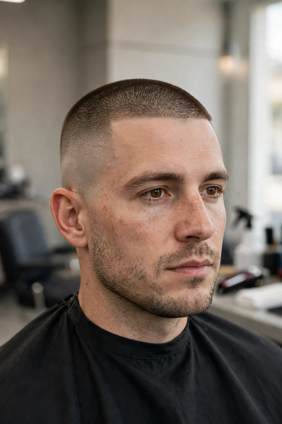 High fade buzz haircut — short number 2 top with a bold high fade on the sides