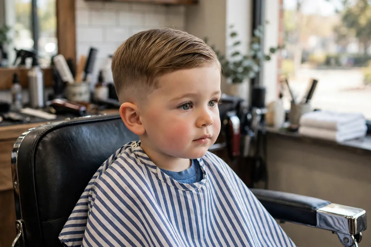 Toddler boy with a mini ivy league haircut, tapered sides and neat swept top — smart toddler boy haircut