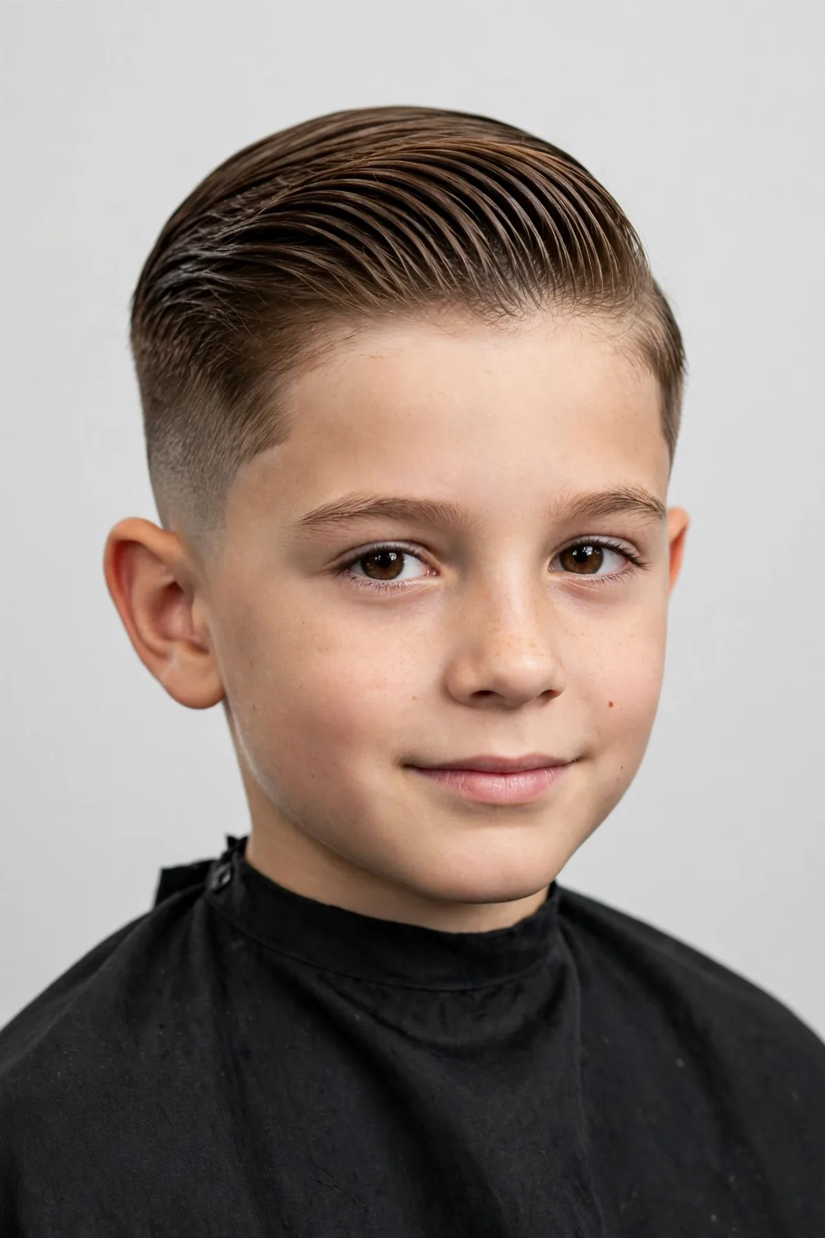 Low taper fade with slick back for boys — subtle low taper sides with a smoothly slicked-back top