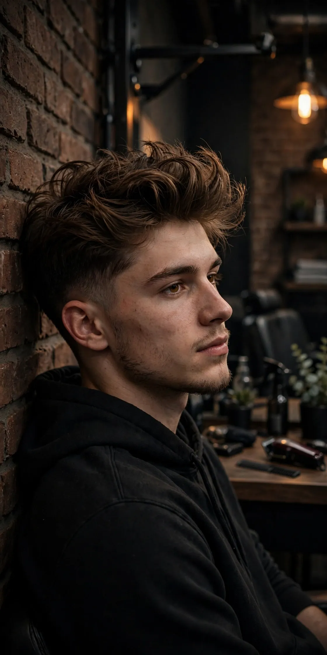 Messy pompadour hairstyle — tousled voluminous top with relaxed texture and tapered sides, casual men's haircut