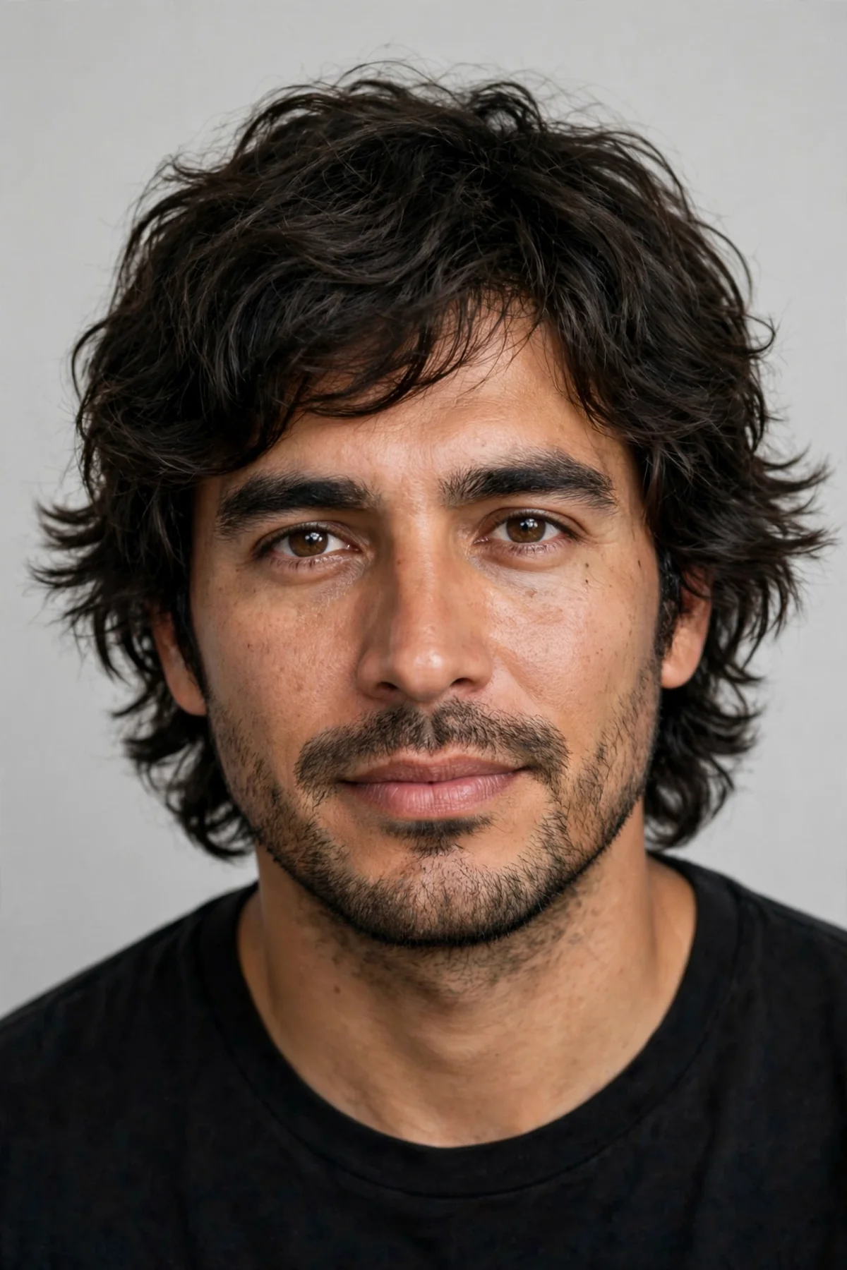 Shaggy layered medium length haircut for men with feathered ends and piecey texture.