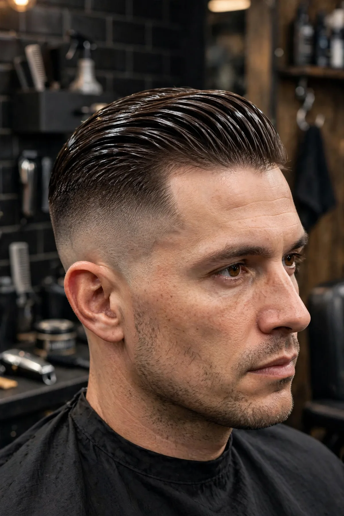 Skin fade slick back haircut with bald-faded sides and a sleek combed-back top. A sharp skin fade slicked back hairstyle for men with maximum contrast.